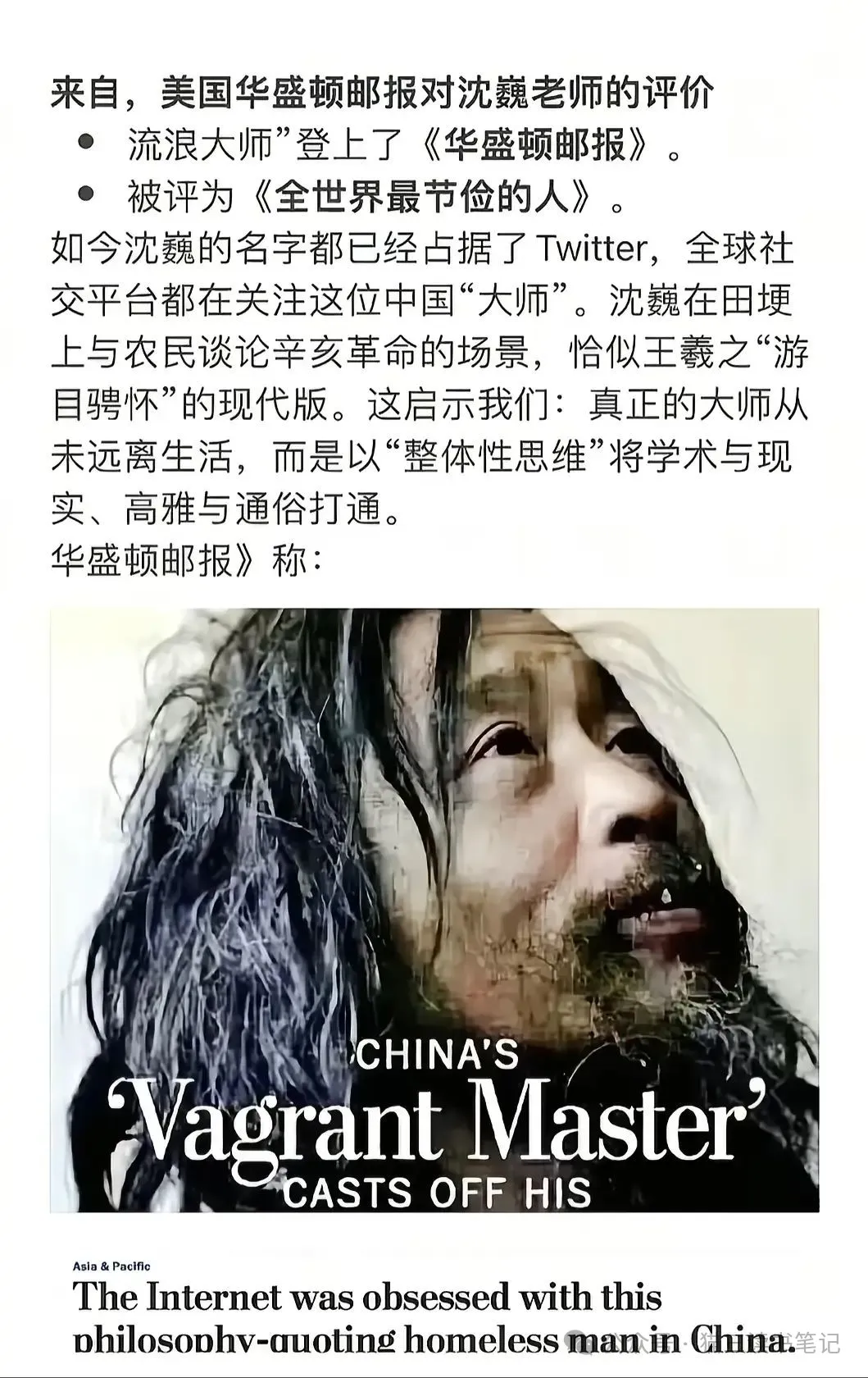 中国“流浪大师”沈巍登《华盛顿邮报》:互联网狂欢下的反英雄